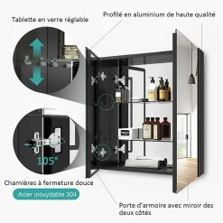 EMKE Armoire de toilette murale - Miroir double face, noir mat - 60 x 65 cm - Fermeture douce - Tablettes en verre réglables