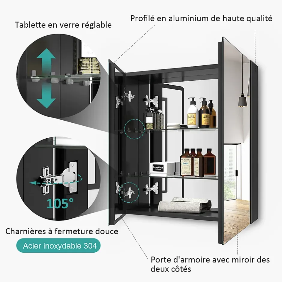 EMKE Armoire de toilette murale - Miroir double face, noir mat - 60 x 65 cm - Fermeture douce - Tablettes en verre réglables