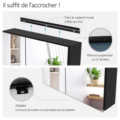 EMKE Armoire de toilette murale - Miroir double face, noir mat - 60 x 65 cm - Fermeture douce - Tablettes en verre réglables