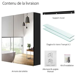 EMKE Armoire de toilette murale - Miroir double face, noir mat - 60 x 65 cm - Fermeture douce - Tablettes en verre réglables