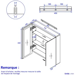 EMKE Armoire de toilette murale - Miroir double face, noir mat - 60 x 65 cm - Fermeture douce - Tablettes en verre réglables