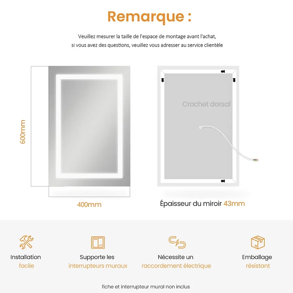 EMKE Armoire de toilette murale - Miroir double face, noir mat - 60 x 65 cm - Fermeture douce - Tablettes en verre réglables