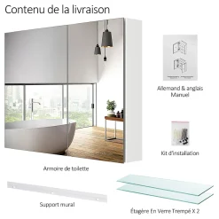 EMKE Armoire de toilette murale avec miroir double face - 85x65 cm - Blanc mat - Fermeture douce - Tablettes en verre ajustables* Armoire De Toilette