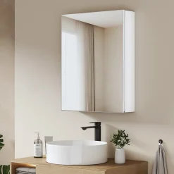 EMKE Armoires de toilette 1 Porte 65x50cm , Porte Miroir avec Rangement intégré, Tablettes en verre réglables, Blanc