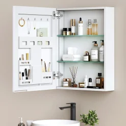 EMKE Armoires de toilette 1 Porte 65x50cm , Porte Miroir avec Rangement intégré, Tablettes en verre réglables, Blanc