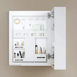 EMKE Armoires de toilette 1 Porte 65x50cm , Porte Miroir avec Rangement intégré, Tablettes en verre réglables, Blanc