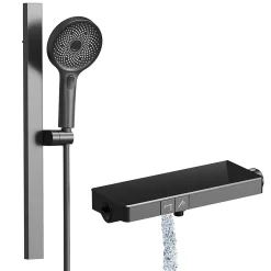 EMKE Colonne de Douche avec douche theramostat à Grande douche de tête et douchette multimode, Cercle, anthracite