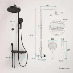 EMKE Colonne de douche avec thermostat Télécommande Douche pluie étagère en verre avec des enfants porte douchette noir