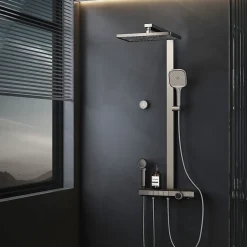 EMKE Colonne de douche avec thermostat Télécommande Douche pluie étagère en verre avec des enfants porte douchette anthracite* Colonne De Douche Thermostatique