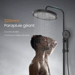 EMKE Colonne de Douche avec douche theramostat à Grande douche de tête et douchette multimode, Cercle, noir* Colonne De Douche Thermostatique