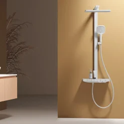 EMKE Colonne de douche thermostatique, pluie 36x24 cm, douchette 4 jets, débit réglable, barre et flexible inclus, blanc* Colonne De Douche Thermostatique