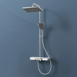 EMKE Colonne de douche Thermostat, 45 x 13 cm étagères en verre, 3 types de jets, douche à effet pluie, Certification KTW, Chrome