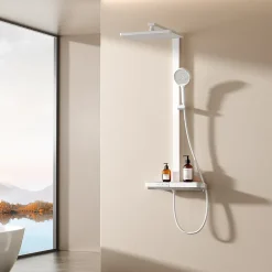 EMKE Colonne de douche thermostatique, plaque pluie 40 cm, douchette 4 jets, barre et robinetterie, blanc mat* Colonne De Douche Thermostatique