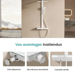 EMKE Colonne de douche thermostatique, plaque pluie 40 cm, douchette 4 jets, barre et robinetterie, blanc mat* Colonne De Douche Thermostatique