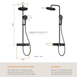 EMKE Colonne de douche Thermostat Noir - Effet pluie 26 cm, Douchette 3 jets, Régulation innovante du débit, Système de douche* Colonne De Douche Thermostatique