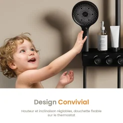 EMKE Colonne de douche Thermostat Noir - Effet pluie 26 cm, Douchette 3 jets, Régulation innovante du débit, Système de douche* Colonne De Douche Thermostatique