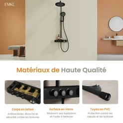 EMKE Colonne de douche Thermostat Noir - Effet pluie 26 cm, Douchette 3 jets, Régulation innovante du débit, Système de douche* Colonne De Douche Thermostatique