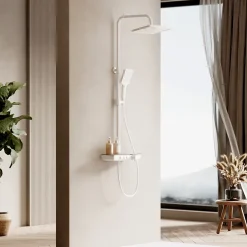 EMKE Colonne de douche Thermostat, 36 x 14 cm étagères en verre, 3 types de jets, douche à effet pluie, Certification KTW, Blanc* Colonne De Douche Thermostatique