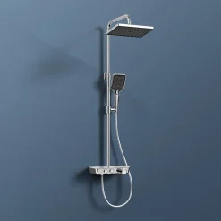 EMKE Colonne de douche thermostat, douchette à 3 puissances de jet, jet cascade, set de douche avec étagère en verre, Chrome