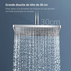 EMKE Colonne de douche thermostat, douchette à 3 puissances de jet, jet cascade, set de douche avec étagère en verre, Chrome