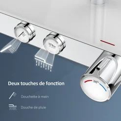 EMKE Colonne de douche thermostat, douchette à 3 puissances de jet, jet cascade, set de douche avec étagère en verre, Chrome