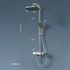 EMKE Colonne de douche thermostat, douchette à 3 puissances de jet, jet cascade, set de douche avec étagère en verre, Chrome