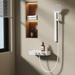 EMKE Colonne de Douche Thermostatique, Débit d'Eau Ajustable, Douchette 3 Fonctions, Kit de Douche, Blanc