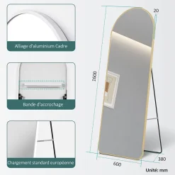 EMKE Grand miroir intégral avec cadre en aluminium doré, 160 x 60 cm, sur pied ou mural* Miroir Simple