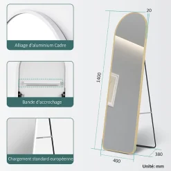 EMKE Grand miroir intégral avec cadre en aluminium doré, 140 x 40 cm, sur pied ou mural
