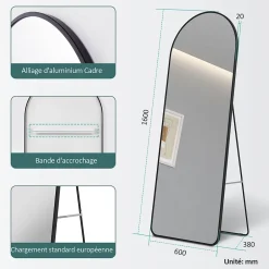 EMKE Grand miroir intégral avec cadre en aluminium noir, 160 x 60 cm, sur pied ou mural* Miroir Simple
