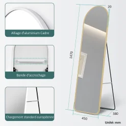 EMKE Grand miroir intégral avec cadre en aluminium doré, 147 x 45 cm, sur pied ou mural