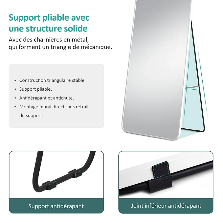 EMKE Grand miroir intégral avec cadre en aluminium blanc, 160 x 60 cm, sur pied ou mural* Miroir Simple