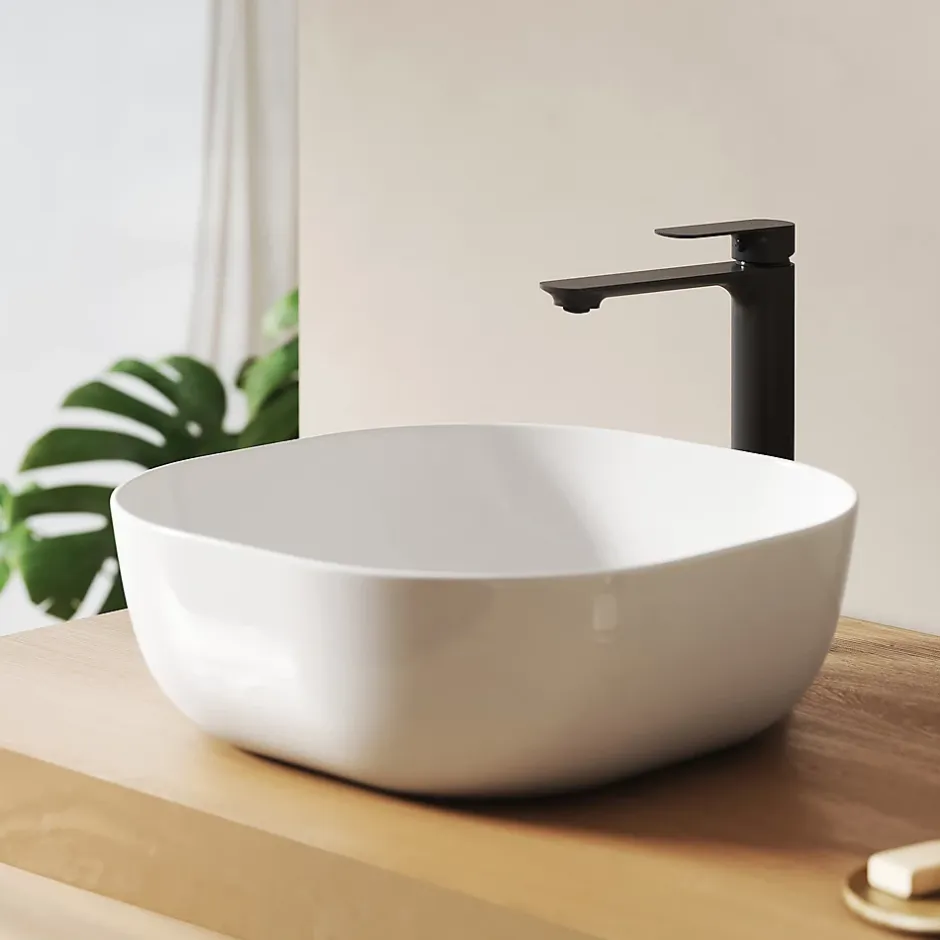 EMKE Lavabo en Céramique Blanche 415x415x145 mm, Vasque à Poser Carrée sans Trou de Robinet* Vasque À Poser