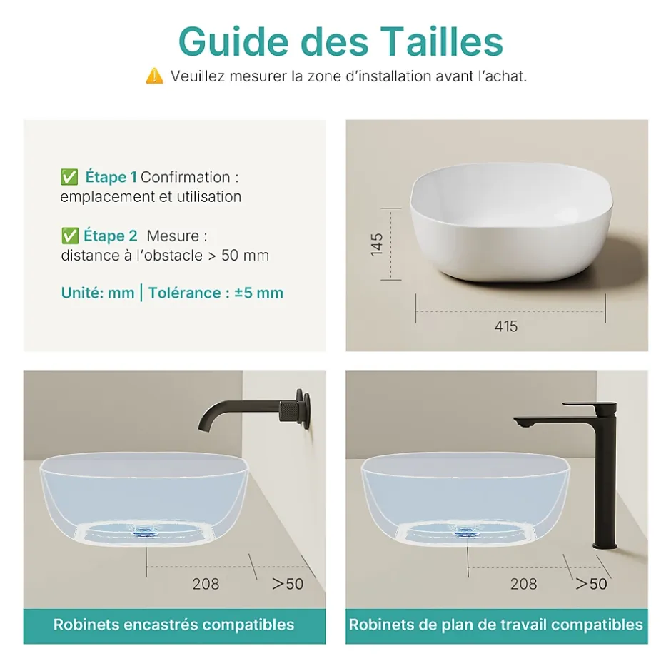 EMKE Lavabo en Céramique Blanche 415x415x145 mm, Vasque à Poser Carrée sans Trou de Robinet* Vasque À Poser