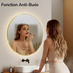 EMKE LED Miroir lumineux salle de bain rond 80cm Cadre Doré, Anti-buée, Horloge et Temperature, Lumière Neutre