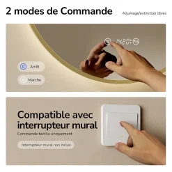 EMKE LED Miroir lumineux salle de bain rond 80cm Cadre Doré, Anti-buée, Horloge et Temperature, Lumière Neutre