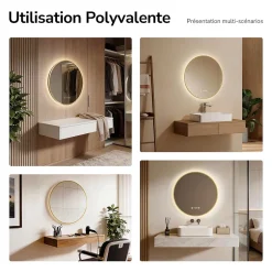 EMKE LED Miroir lumineux salle de bain rond 80cm Cadre Doré, Anti-buée, Horloge et Temperature, Lumière Neutre