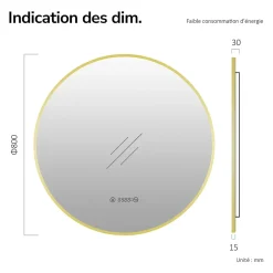 EMKE LED Miroir lumineux salle de bain rond 80cm Cadre Doré, Anti-buée, Horloge et Temperature, Lumière Neutre
