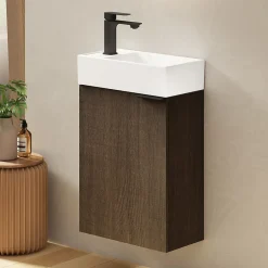 EMKE Meuble de Salle de Bain Murale, Vasque Blanche, Finition Chêne Fumé, Étagère réglable, Portes Soft-Close, Design Moderne* Meuble Vasque
