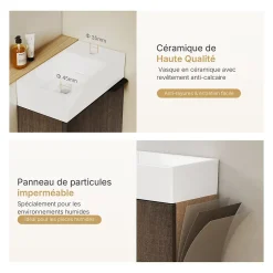 EMKE Meuble de Salle de Bain Murale, Vasque Blanche, Finition Chêne Fumé, Étagère réglable, Portes Soft-Close, Design Moderne* Meuble Vasque