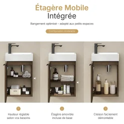EMKE Meuble de Salle de Bain Murale, Vasque Blanche, Finition Chêne Fumé, Étagère réglable, Portes Soft-Close, Design Moderne* Meuble Vasque