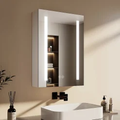 EMKE Meuble de Salle de Bain avec Miroir, Porte Soft-Close, LED Réglable, Prise USB, Anti-Buée, Charnière Gauche* Armoire De Toilette