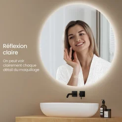 EMKE Miroir de Salle de Bain 50 cm Rond avec Éclairage LED, Dimmable, Touch Switch, 3 Lumière Couleurs, IP44