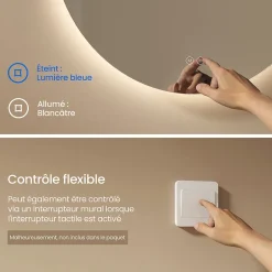 EMKE Miroir de Salle de Bain 50 cm Rond avec Éclairage LED, Dimmable, Touch Switch, 3 Lumière Couleurs, IP44