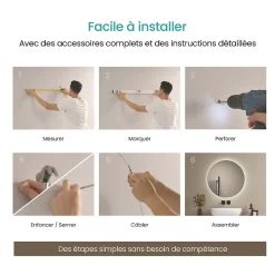 EMKE Miroir de Salle de Bain 50 cm Rond avec Éclairage LED, Dimmable, Touch Switch, 3 Lumière Couleurs, IP44