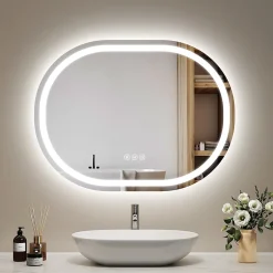 EMKE Miroir lumineux salle de bain ovale 80x60cm, Interrupteur Tactile, Anti-buée, LED éclairage Lumière Froide/Chaude/Neutre