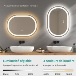 EMKE Miroir lumineux salle de bain ovale 80x60cm, Interrupteur Tactile, Anti-buée, LED éclairage Lumière Froide/Chaude/Neutre
