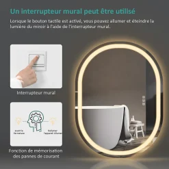 EMKE Miroir lumineux salle de bain ovale 80x60cm, Interrupteur Tactile, Anti-buée, LED éclairage Lumière Froide/Chaude/Neutre