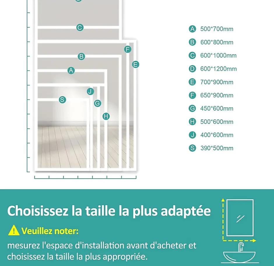 EMKE Miroir lumineux salle de bain 60x80cm, Miroir LED salle de bain, Miroir avec l'éclairage, Lumière blanche froide* Miroir Lumineux