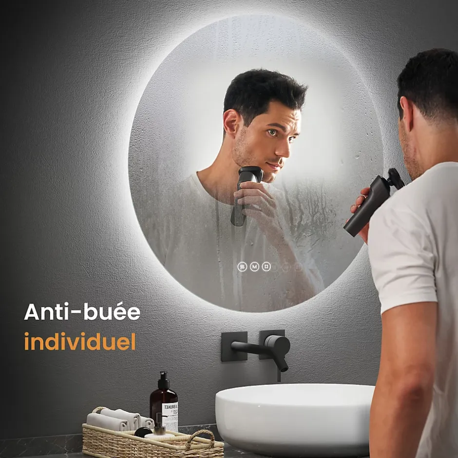 EMKE Miroir lumineux salle de bain rond 80cm, rétro-éclairage, Interrupteur Tactile, Anti-buée, LED Lumière Froide/Neutre/Chaude